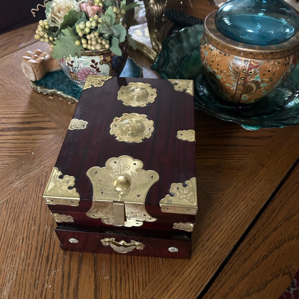 Vintage Chinese Jewelry Box with ornate Brass Accents
